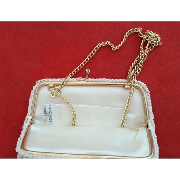 Vintage Pocketbook Ivory Sequin Leaves Gold Chain Shoulder Bag Iridescent Beads - Picture 4 of 5